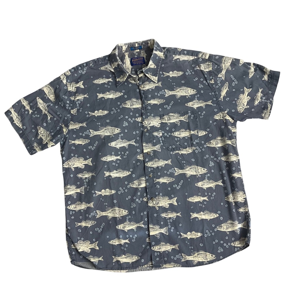 Pendleton Fish Print Button Down Shirt Mens XL Blue Short Sleeve Corduroy Cotton